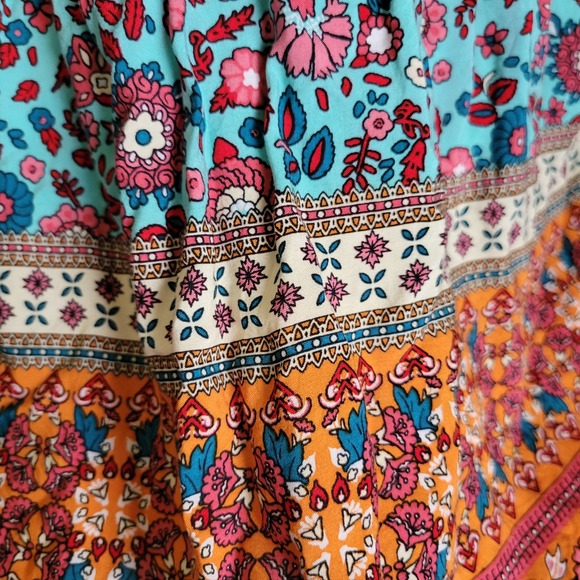 SHEIN Women XL Boho Floral Tassel Tie Tunic Top Turquoise Orange Mixed Print - Picture 4 of 9